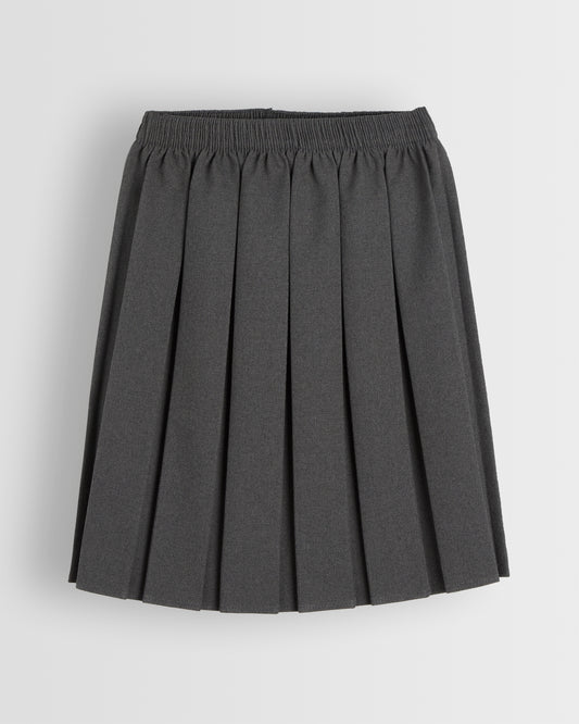 A box pleated grey skirt with an elastic waistband, displayed against a plain background.