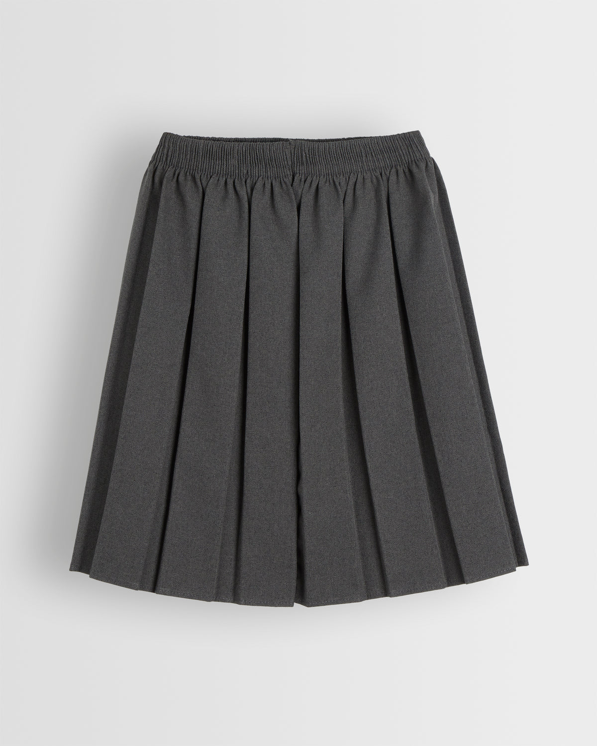 A box pleated grey skirt with an elastic waistband, displayed against a plain background.