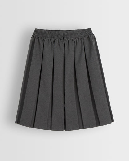 A box pleated grey skirt with an elastic waistband, displayed against a plain background.
